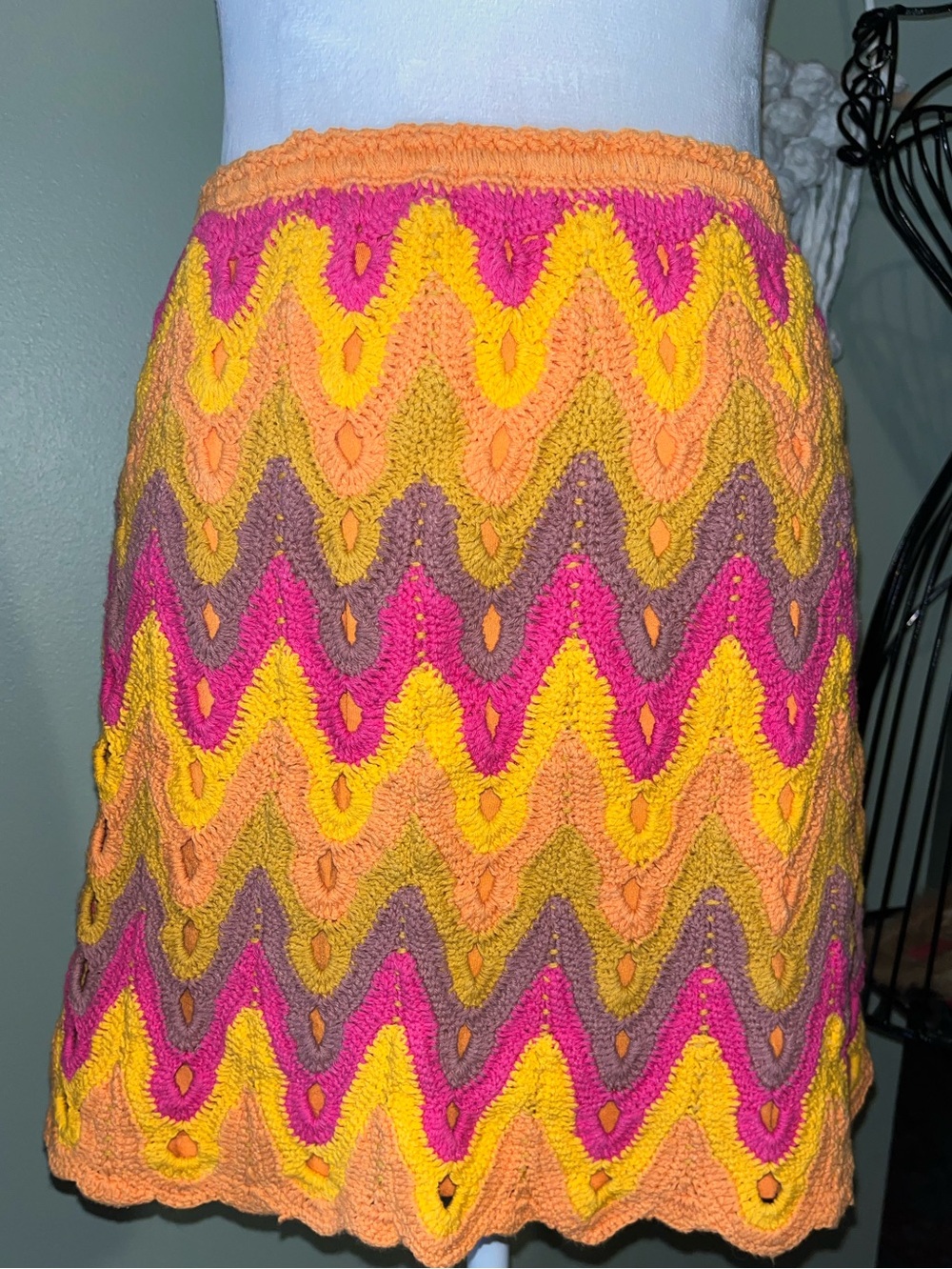 Free People Crocheted Wave-Pattern Mini Skirt in Pink